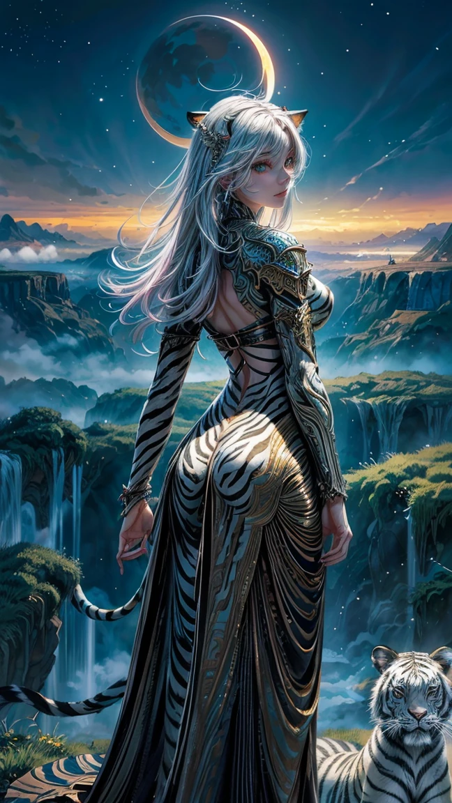 masterpiece, view  the girl, girl with glowing metallic hair standing looking at a giant white tiger, giant white tiger, majestic, glowing eyes, beautiful beauty solemn, around the tiger there is a sparkling biological halo, vast, vast landscape, crescent moon, wind, mythology, perfect composition, meticulous details, many details