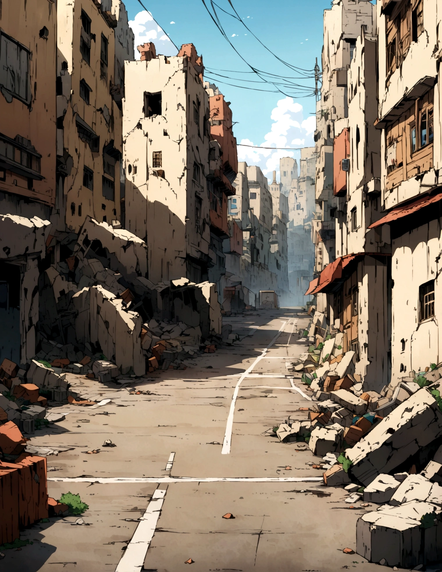 destroyed city, street view, highly detailed, Anime style