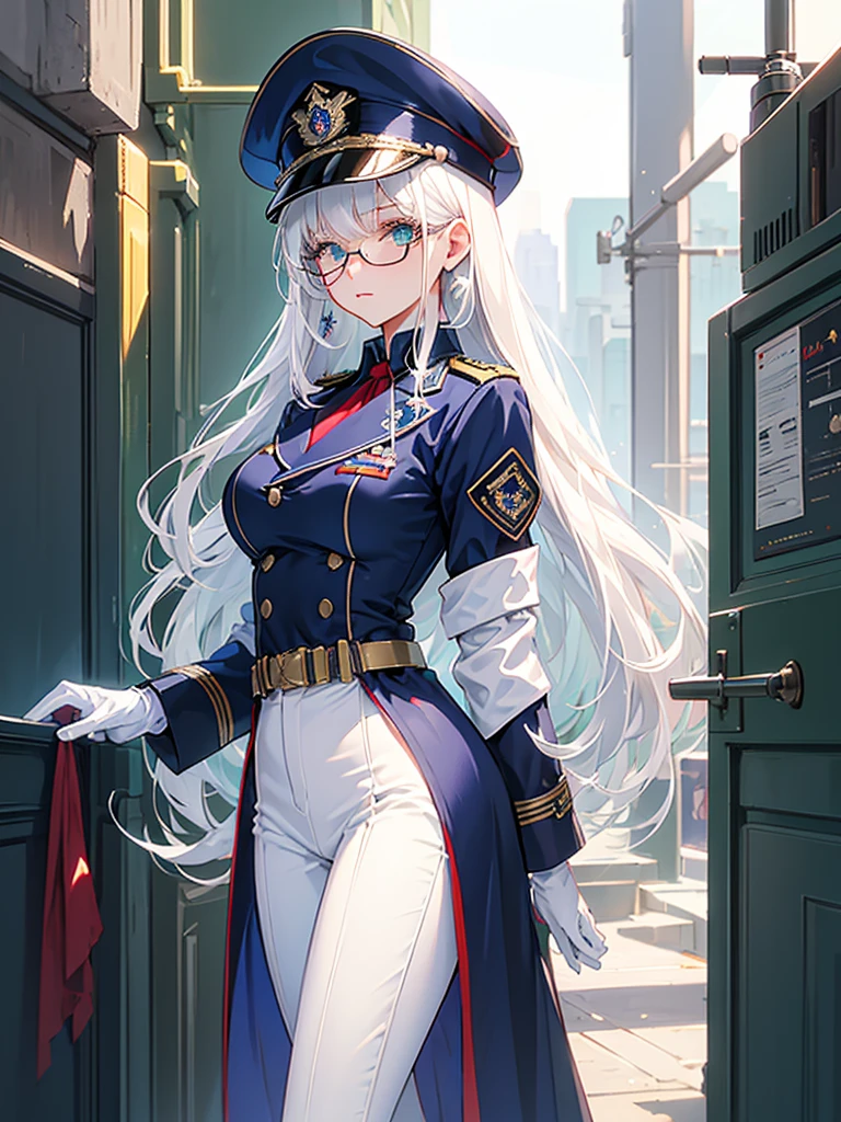 masterpiece, best quality, beautiful girl, white hair, green eyes color, dark blue military uniform, mature_female, eye_glasses, white gloves, anime, dark blue military hat, very_long_hair, perfect body, red ribbon, commander, science_fiction, black knee-high boots, white pants, cowboy_shot, best quality, large_breasts, ultra-detailed, high quality, modern military uniform, sci-fi, royal blue Trench Coat, one girl