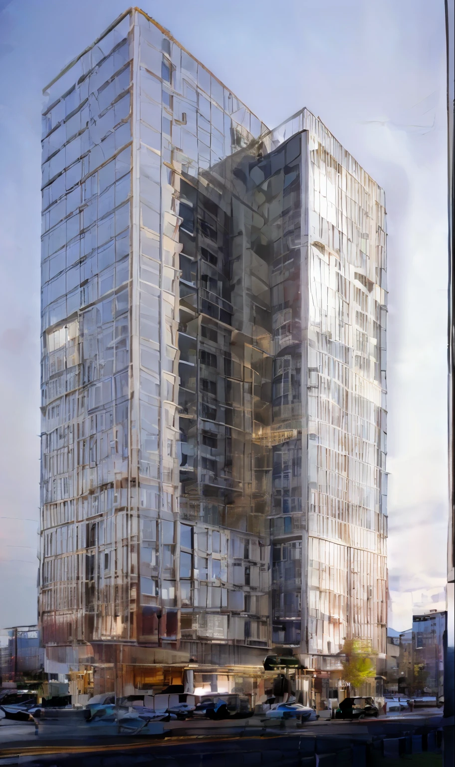 a drawing of a tall building neoclassic style with a lot of windows, perspective view, multistory building, concept image, elevation view, mid-view, full building, cascading highrise, from street level, rendering of checkmate, detailed line drawing, concept drawing, 3/4 view from below, detailed rendering, architectural rendering, low angle dimetric rendering, beautyful sky, day light,