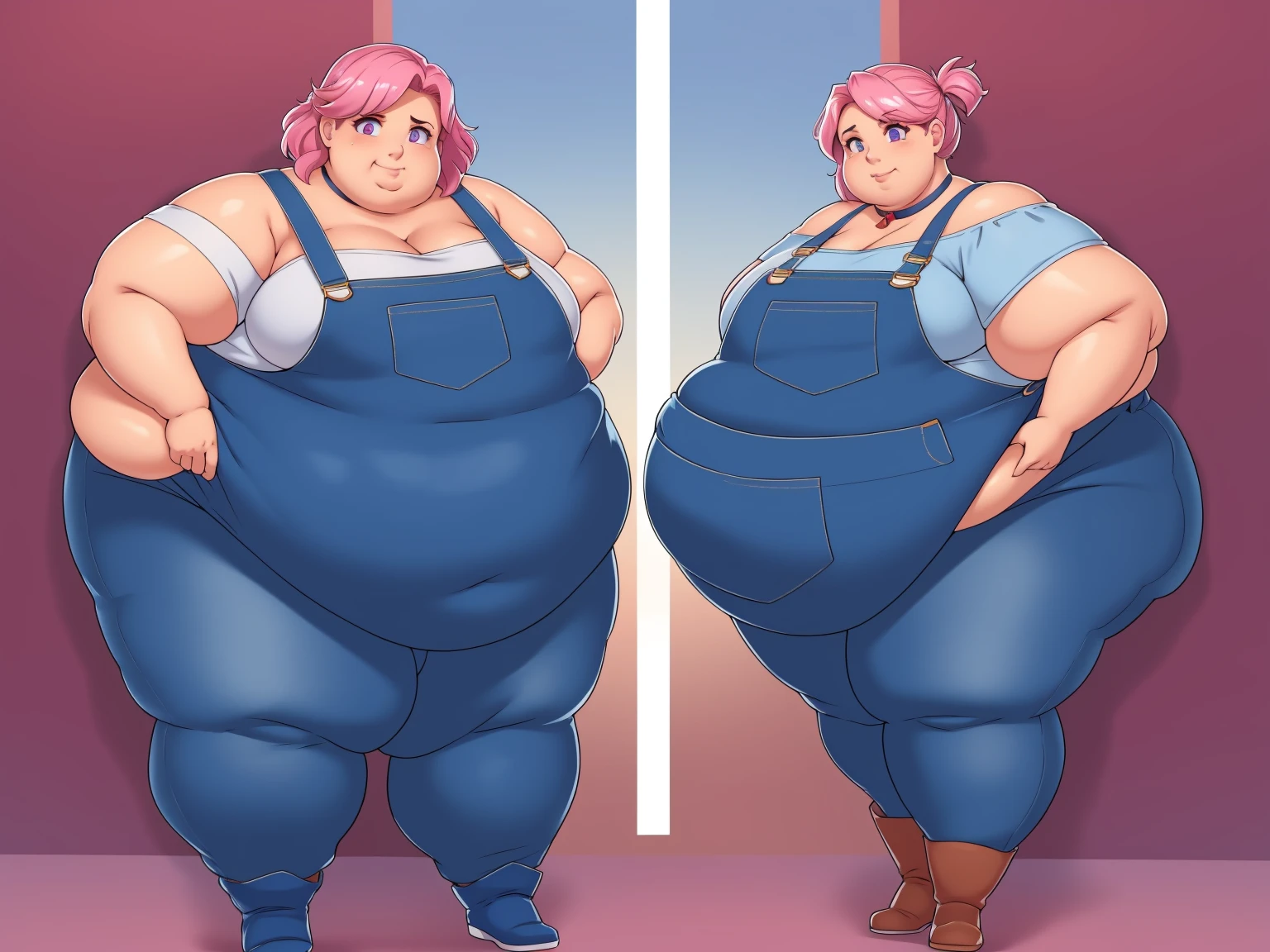 (Morbidly obese body:1.2)(Fat neck and chin:1.3)(Obese:1.1),fat, Slightly chubby, sad, farm backround, Full body, looking at viewer, 1girl, solo, short pink hair, (dark blue choker), (dark blue denim overalls), (purple eyes), (pink boots), (white shoulder lantern sleeve blouse, tucked in pants