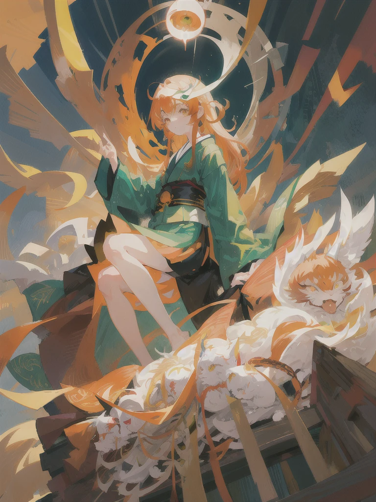 Anime girl with green long hair kitsune Mimi wear kimono yukata hakama, kitsune mimi, kemono mimi, kemo mimi, detail eyes (red brown yellow orange fox eye), shining eye, glowing Cristal eye, piercing glowing eye, beautiful eye.sit in japan shrine,red Shrine, shinto shrine. Lake background, Snowy mountain. 4k resolution, masterpiece art, detail hair, detail fingers, 4 fingers, high resolution,