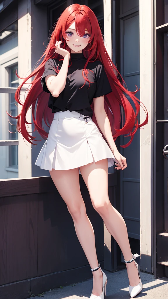 Beautiful woman, full body, red hair, long hair, purple eyes, freckles on face, white shirt, black borders shirt, blue miniskirt, white borders miniskirt, high heels, bicolor edge miniskirt, standing, smiling