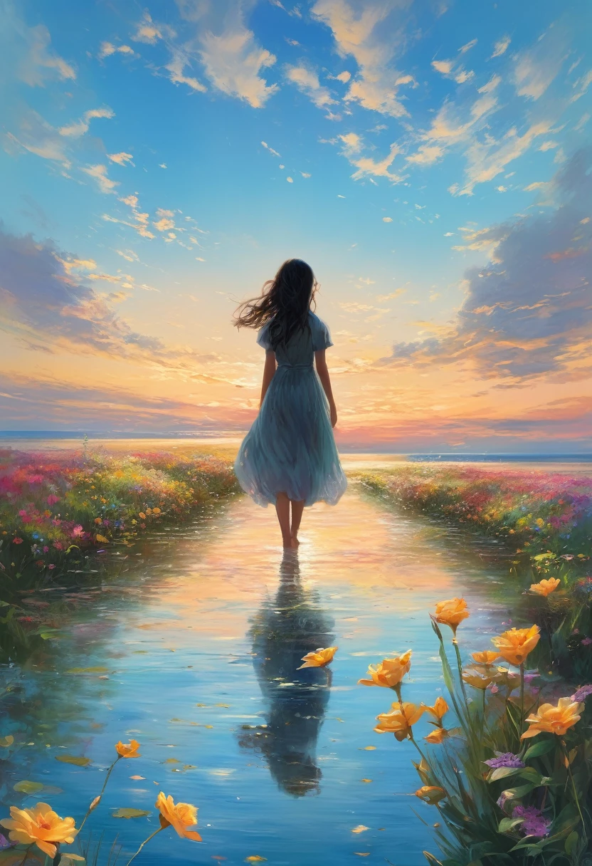 Overall image: Horizon line in the center of the screen. The girl is walking from left to right. Her figure is reflected symmetrically on the water. Oil painting style. The girl is in her early teens. She is wearing a one-piece dress.、Skirt Hair Long、The expression of the flowers fluttering in the wind is calm.、A slightly melancholic atmosphere A bouquet of flowers is being held in the hand A horizon A sunrise or sunset sky The boundary between the sea and the sky is blurred A calm and serene water surface with a few floating clouds The girl&#39;s figure is reflected like a mirror Ripples are spreading on the water surface It would be good to have mountains or forests in the background Overall soft colors、Use light and shadow effectively to create a gentle atmosphere、Add depth