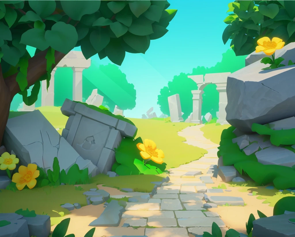 ruins，Stone road，Grass，flower，European and American cartoon style，3d,梦幻flower园风格，high quality