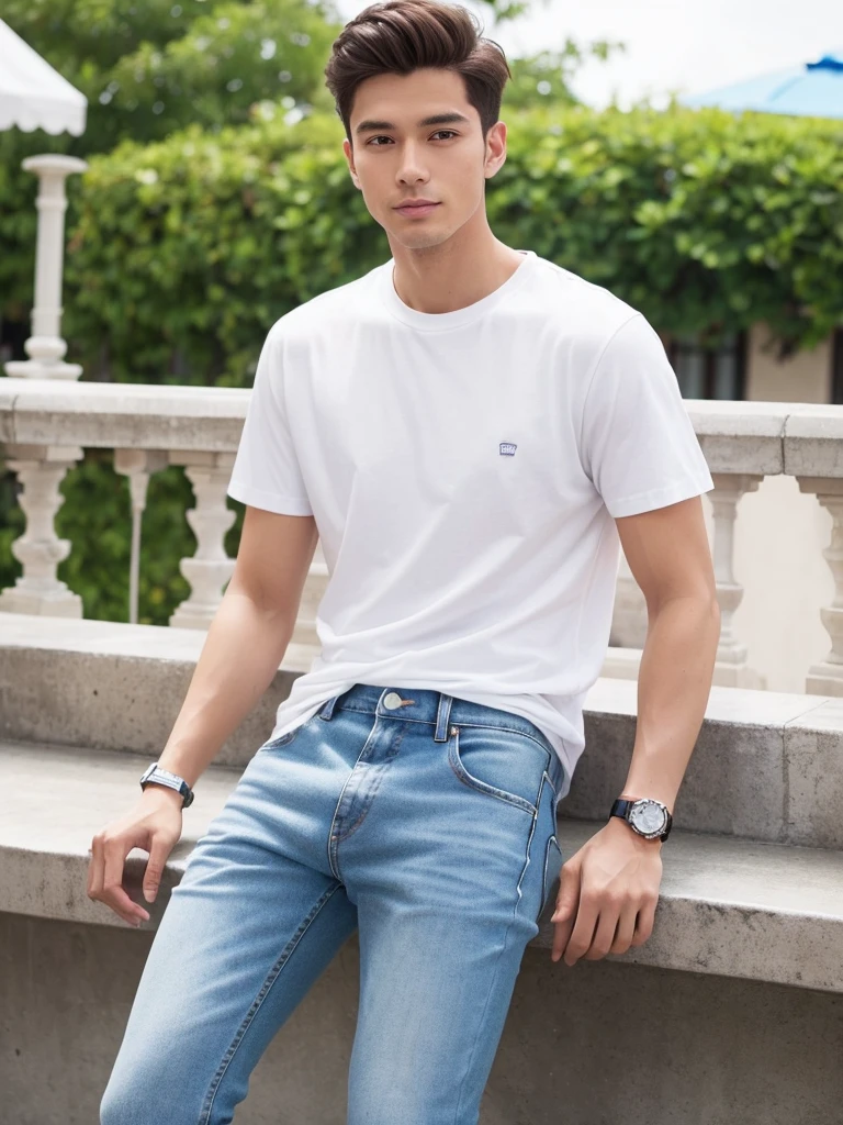 A simple, casual style handsome man。White t-shirt and slim fit jeans、Wearing white sneakers。A simple watch on your wrist、Striking a relaxed pose。In the background is a cafe terrace。