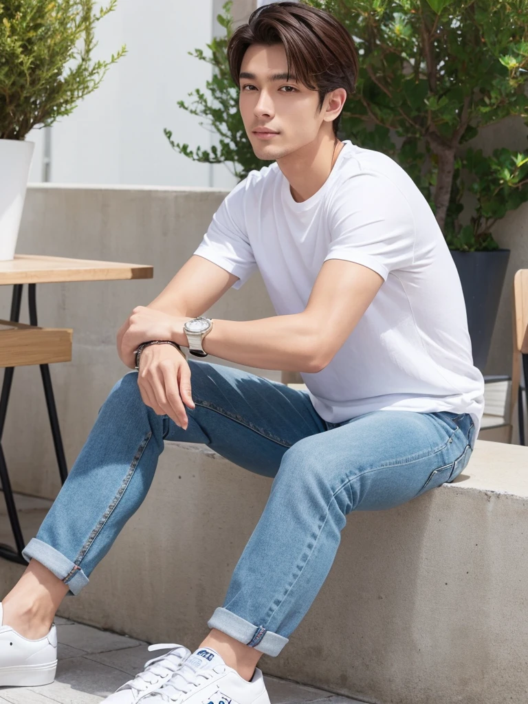A simple, casual style handsome man。White t-shirt and slim fit jeans、Wearing white sneakers。A simple watch on your wrist、Striking a relaxed pose。In the background is a cafe terrace。