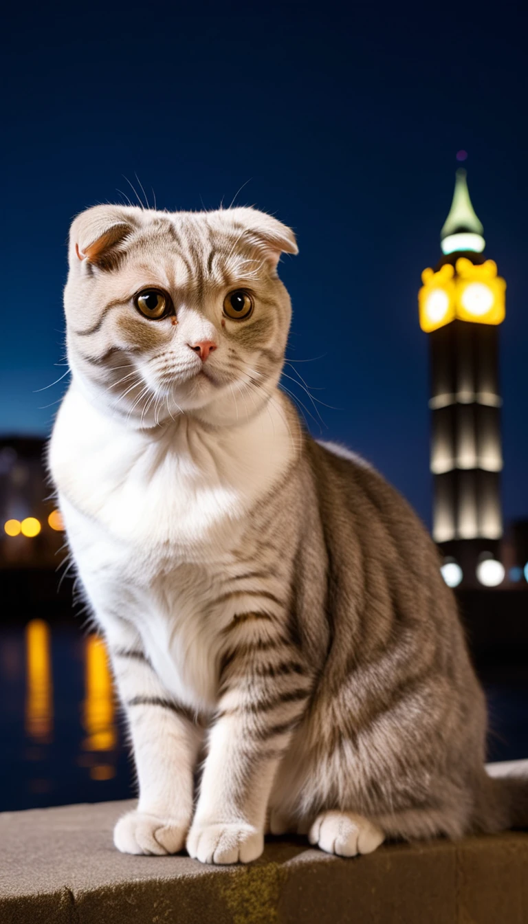 There is no one, realistic photo, photo realism, realism, scottish fold (Scottish Fold) cat, perfect composition, intricate details, Very sharp, masterpiece, profile, high resolution, looking at the viewer, full body photo in city night view