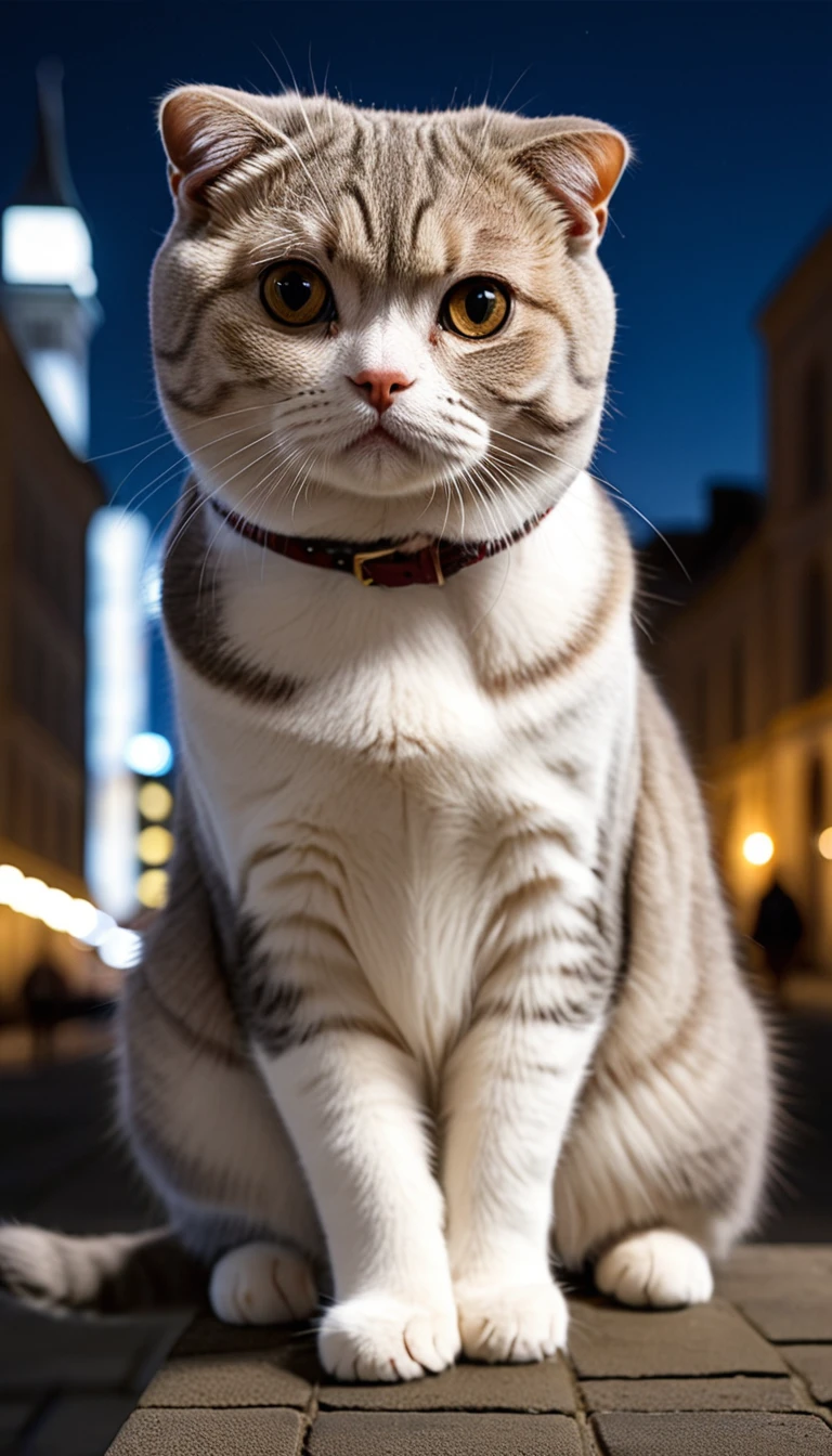 There is no one, realistic photo, photo realism, realism, scottish fold (Scottish Fold) cat, perfect composition, intricate details, Very sharp, masterpiece, profile, high resolution, looking at the viewer, full body photo in city night view