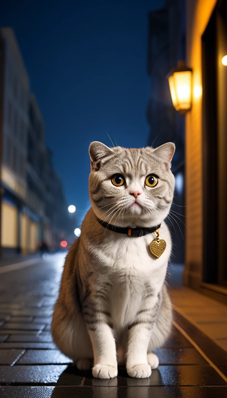 There is no one, realistic photo, photo realism, realism, scottish fold (Scottish Fold) cat, perfect composition, intricate details, Very sharp, masterpiece, profile, high resolution, looking at the viewer, full body photo in city night view