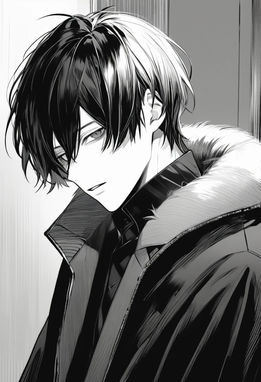 yuto-sano, 1boy, Kaneki, black hair, black suit, black long sleeves, fur coat, elegant, monochrome, solo, greyscale, male focus, looking at viewer