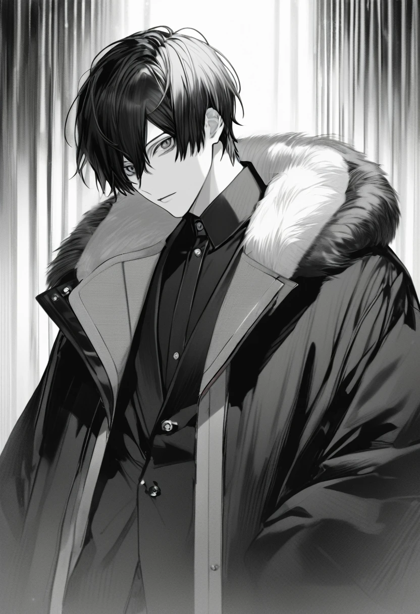 yuto-sano, 1boy, Kaneki, black hair, black suit, black long sleeves, fur coat, elegant, monochrome, solo, greyscale, male focus, looking at viewer