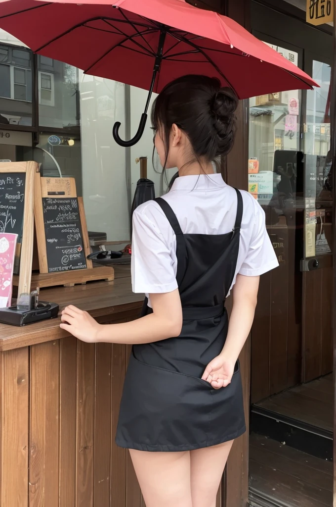 A 20-year-old girl working at an umbrella store(Wearing a miniskirt and apron)