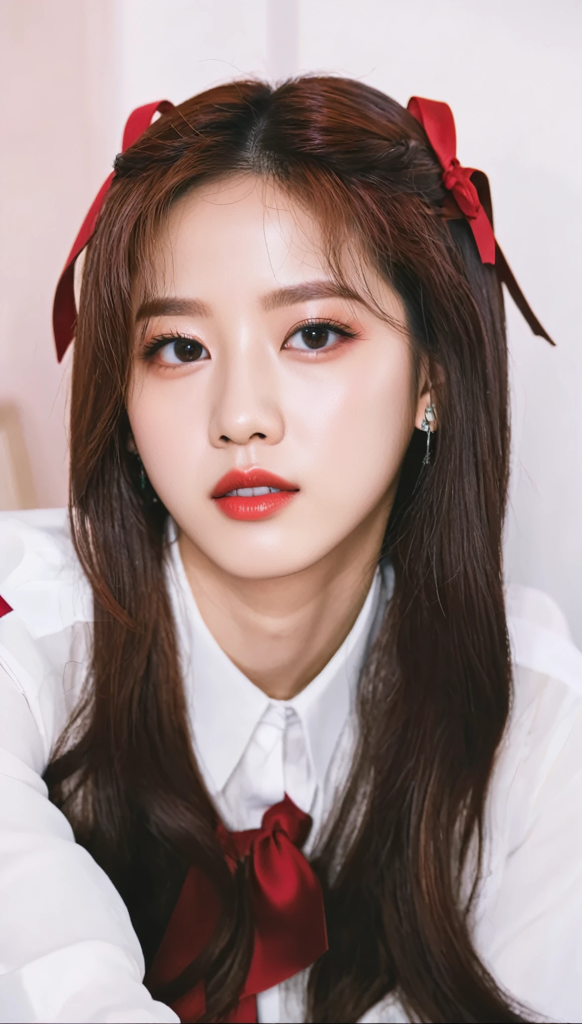a closeup of a woman with long hair and a red tie, retrato de Jisoo from Blackpink, Portrait of Blackpink&#39;s Jossi, parque me, sun yunjoo, female korean idol portrait, lalisa manobal, pale korean adorable face, Jisoo from Blackpink, South Korean popular makeup, Jisoo from Blackpink, kpop idol portrait, jaeyeon nam, jinyoung shin