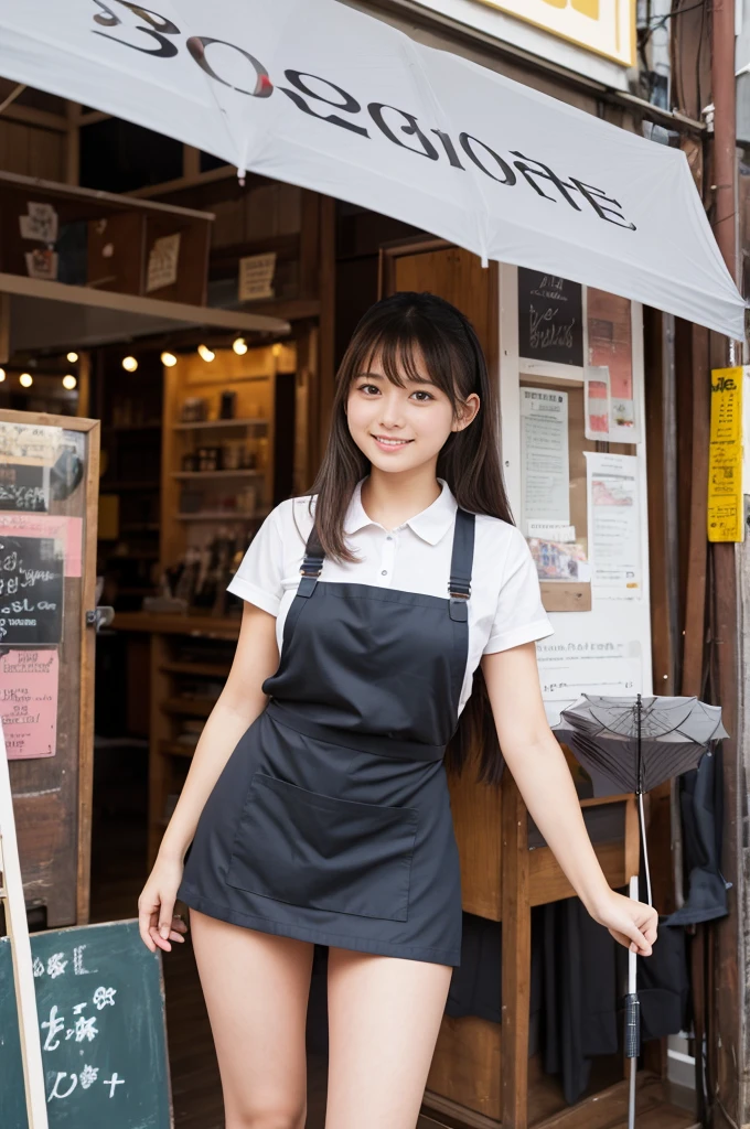 20 years old girl (Japanese cute face) is wearing very short mini skirt and apron and working at the coffee cafe with sunflowers