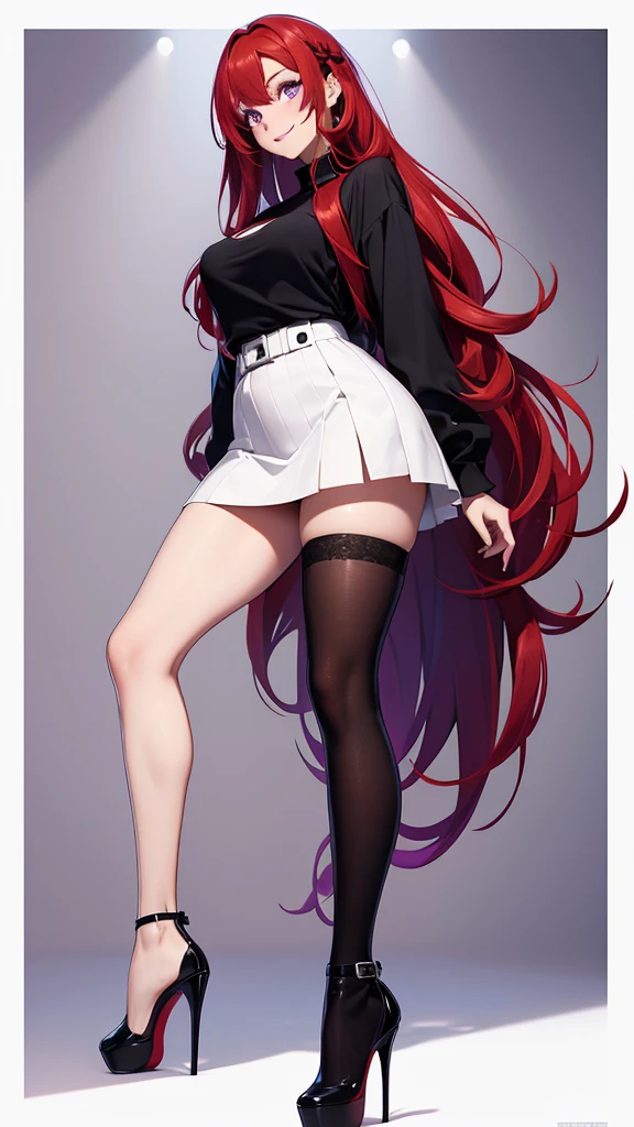 Beautiful woman, full body, red hair, long hair, purple eyes, freckles on face, white shirt, black borders shirt, blue miniskirt, white borders miniskirt, high heels, bicolor edge miniskirt, standing, smiling