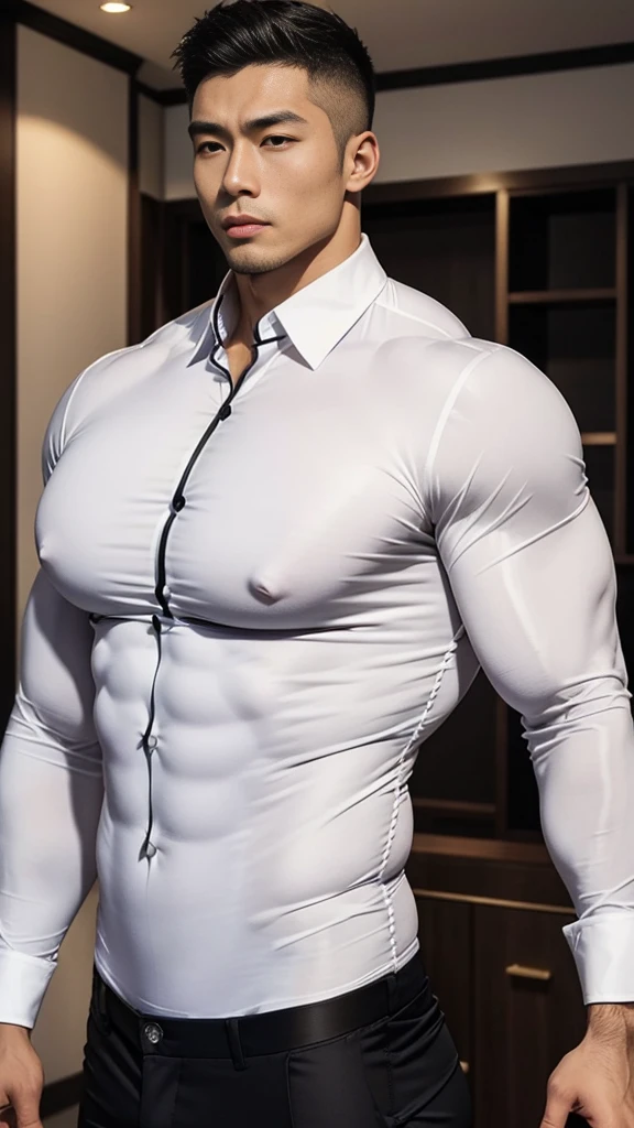 Male, handsome, young, Chinese, ((massive pecs:1.4)), ((tight clothing:1.2)), (white buttoned up shirt)