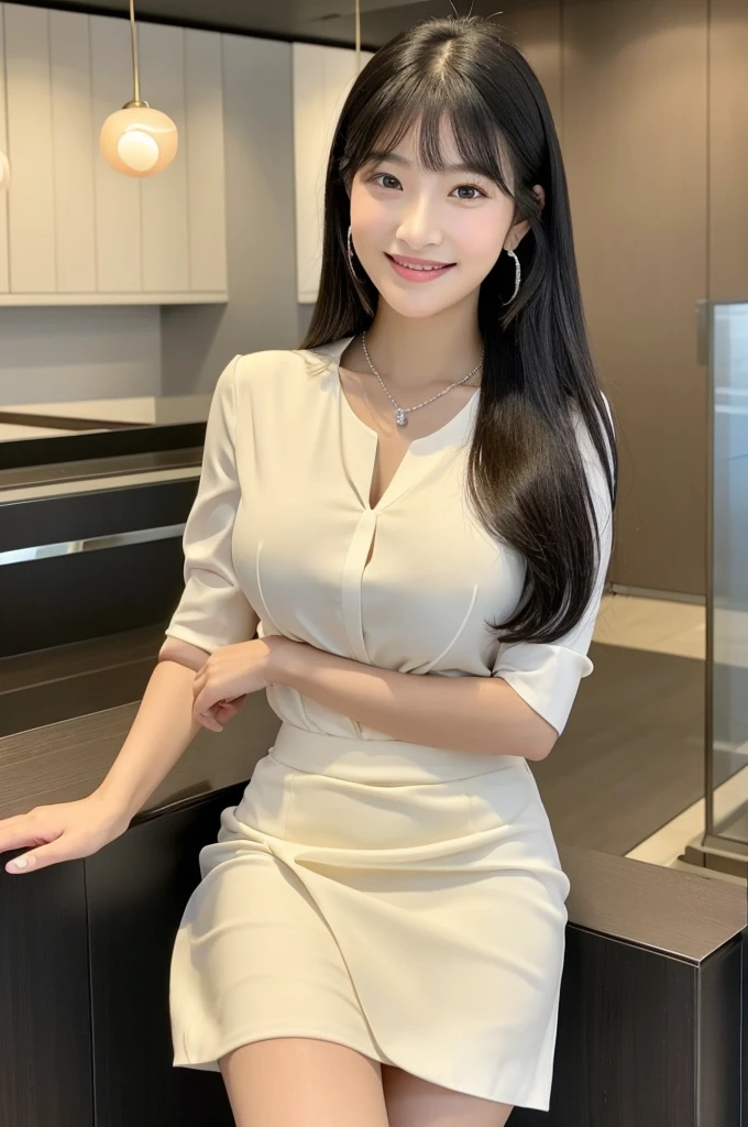 Receptionist at a client company, company receptionist, ((full body)), ((photo)), ((best qualtiy, 8K, tmasterpiece:1.3)), Focus:1.2, perfect figure beautiful girl:1.4, 1girl, cowboy shot, look at viewer, eyes facing the camera, incredibly absurd, beautiful and cute girl with a photorealistic face, showcasing top-quality craftsmanship, A Japanese girl sitting smiling as a receptionist at the reception desk, 19 years old, has long, shiny black hair, straight, with the ends curled slightly inwards, with see-through bangs cut above the eyes, fair and smooth skin, large, round almond-shaped eyes, jet black eyes, long eyelashes, double eyelids, high nose, plump lips, a smile with upturned corners of the mouth, sunken cheeks, a fragile impression, glamorous, well-balanced proportions, tall, 165cm tall, beautiful D-cup breasts, white blouse, beige tight skirt, heeled pumps, pearl necklace and earrings, silver watch, pretty older woman, beautiful, neat, has a cute voice, intelligent, elegant, calm, kind, her hobbies are reading and listening to classical music, February