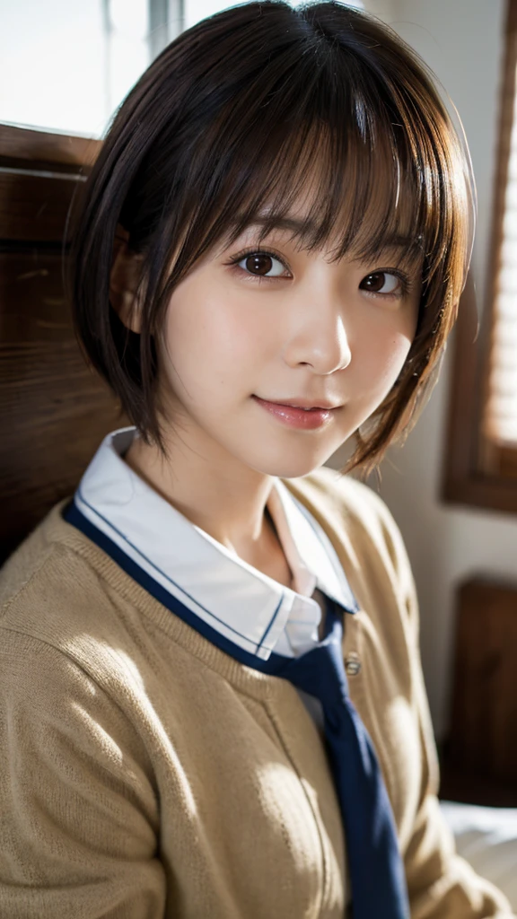 (Highest quality,masterpiece:1.3,Ultra-high resolution),(Super detailed,Caustics,8K), (Photorealistic:1.4, RAW shooting),A high school girl sitting on a bed in a bedroom,Japanese,cute,18-year-old,Natural brown short bob,smile,Looking up at the camera,(School uniform),High Position,High angle,Face Focus,Face close up,Bust up shot,Natural light