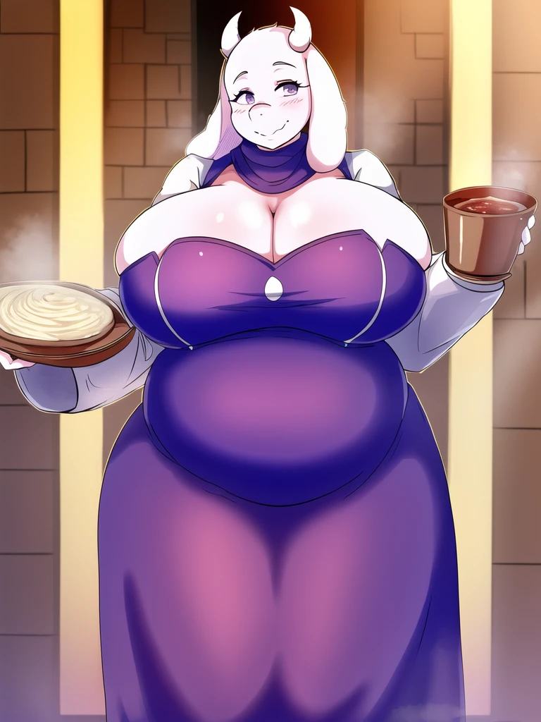 toriel, 1girl, ,book, open_eyes, furry, furry_female, goat_ears, goat_girl,mature female,gigantic huge breasts,fat,Whipped thighs,Females in heat, indoors, standing up,near, smile, solo