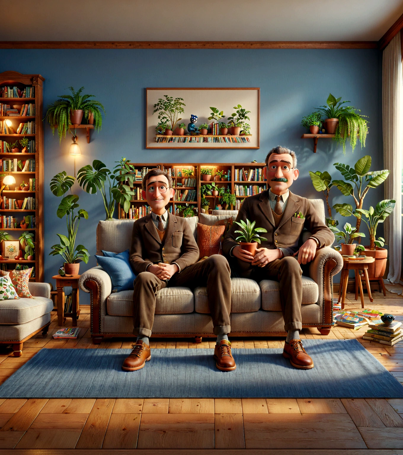 a man sitting on a couch in a living room, casual clothing, photorealistic, high-quality, detailed, warm lighting, comfortable interior, armchair, bookshelf, plants, wood floor, window, detailed facial features, detailed clothing texture, pixar style