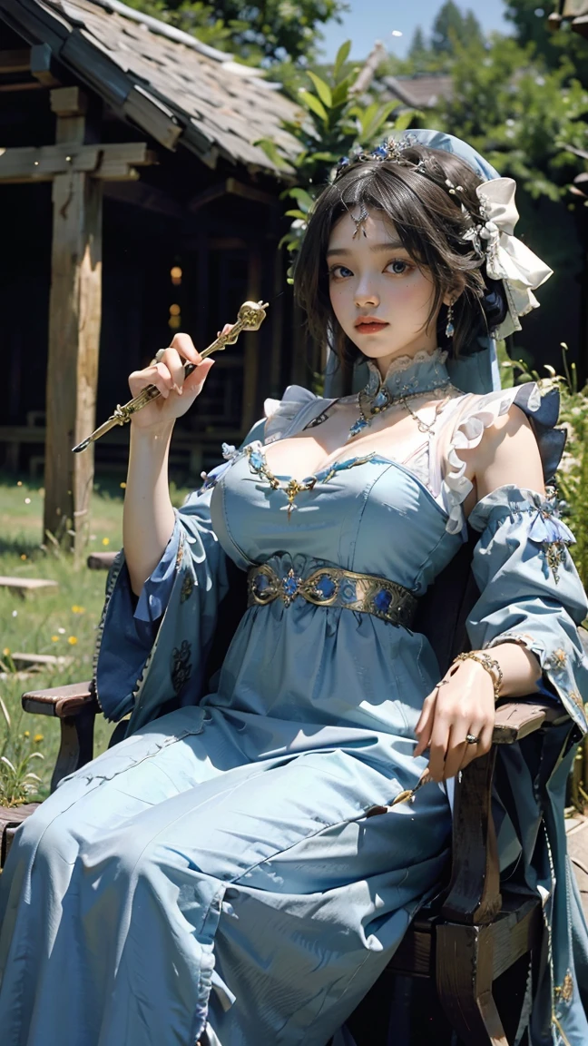 ((best quality))，白人女孩坐在carriage上，carriage，From below，Open your mouth，Hand holding a scepter，have，Large Breasts，The background is grassland，Fat Girl，Fat Face，White，White的，White厚底鞋，short hair，((masterpiece))，((1 girl))， Lots of details，((Jewelry))，Medieval noble summer dress, （Nikolai Fehin），(Fechinbu， They are like this, )