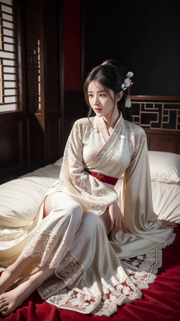 Chinese ancient style,Beauty,Lying on the bed,blushing,Expression,Long legs,White lace hanfu,Antique long dress,Dark background,Ancient style house,Large bust,enchanting。Masterpiece,8K,Very close observation,Meticulous depiction
