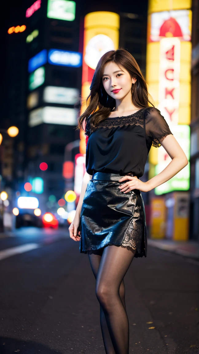 highest quality, masterpiece, 8K, ultra high resolution, (realistic: 1.4), 1 girl, beautiful face, symmetrical eyes, Japanese, smile, brown hair, perfect body proportions, full body, smile , large breasts, high heels, wearing makeup , pantyhose, (tight laced fabric blouse), ((pink lace fabric blouse)), ((silk black color skirt)), ((tight fitting skirt )), (laced short sleeve) , (city night, dark night, (blurred background), dim lights, cityscape, in the dark, deep shadow, model pose, (legs shown: 1.3)