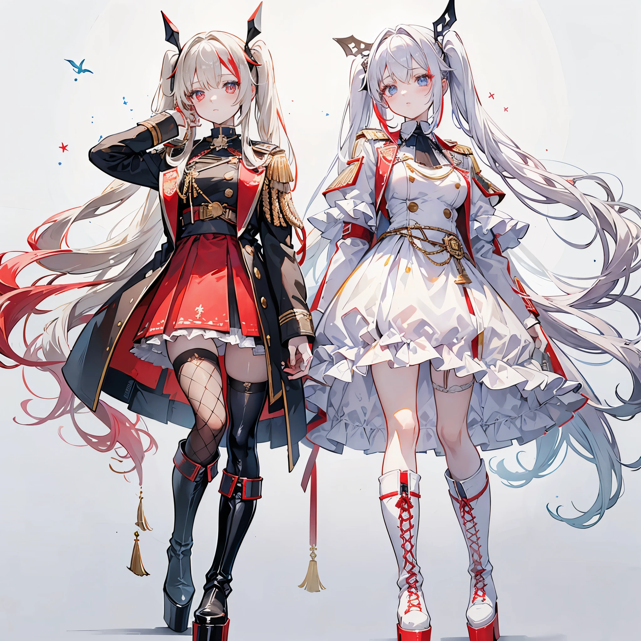 Two girls, one with beige hair and very red eyes, the other with white hair and blue eyes, pigtails, long hair, white background, colorful jewels, light, high quality, military uniform, standing back to back, fishnet stockings, platform boots