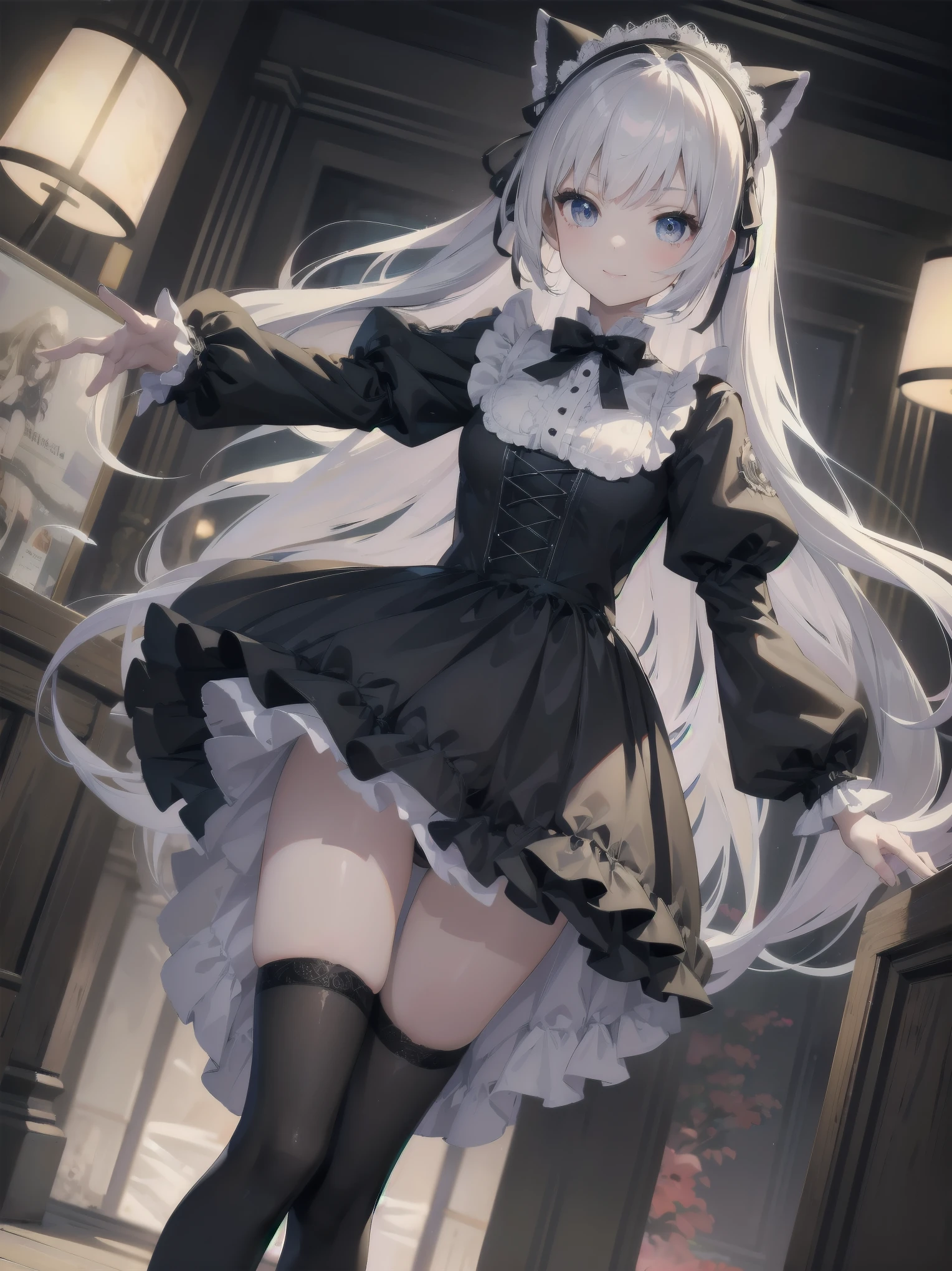 Masterpiece, Details, Solo, 1 Girl, Middle School Girl, Slender, , Fluffy Girlishly Cute and Stylish Attire, Fururu, Lace, Gothic Lolita Dress, Hair Ribbon, Smile, Black Tights, Cute Underwear, Stylish Hair, Big Eyes, Full Lips, White Catsuit, Princess Shoes, Beauty Legs, hair ribbon, hair band, pleated skirt, stirring motion, staring at you on date, sharp focus, perfect face, detailed face and eyes, dynamic, lively, shadows, colorful, mysterious, movie lighting, cute pose for model shoot
