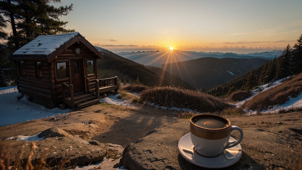 beautiful sunrise at a hiking hut with a cup of coffee