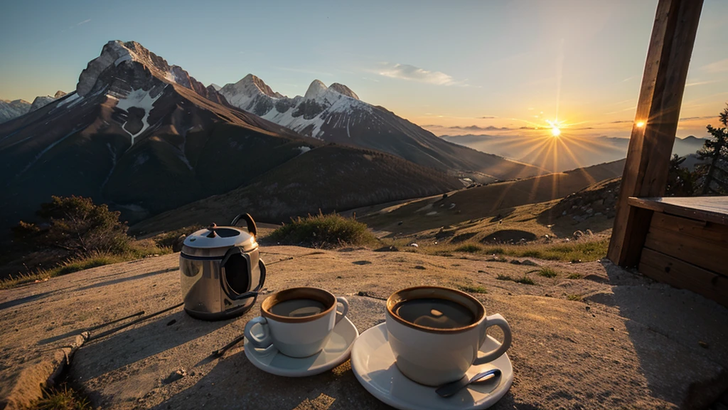 beautiful sunrise at a hiking hut with a cup of coffee