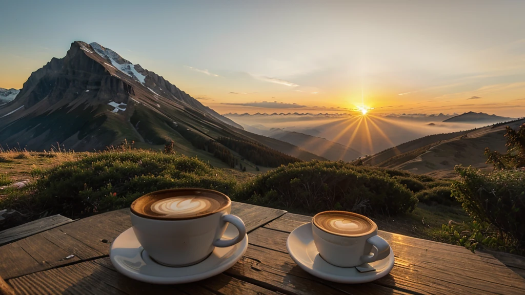 beautiful sunrise at a hiking hut with a cup of coffee