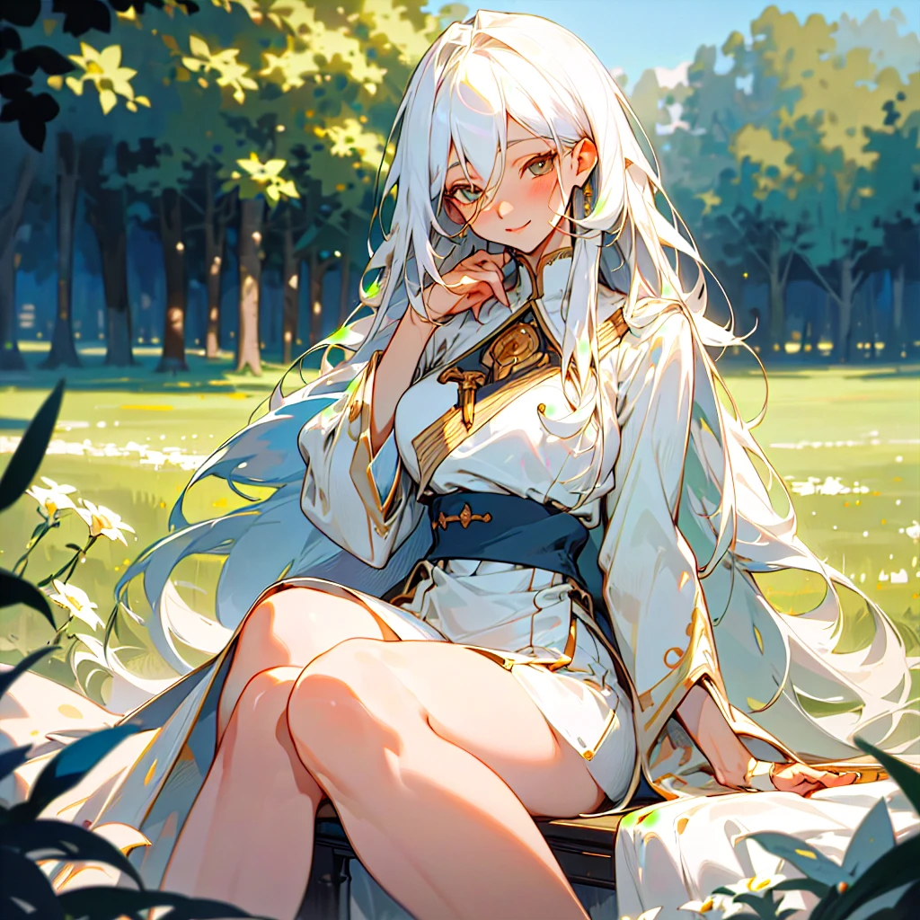 (masterpiece, best quality),1girl with long white hair sitting in a field of green plants and flowers, her hand under her chin, warm lighting, white dress, blurry foreground(Masterpiece:1.2, premium), (realist, photorealist:1.4), beautiful illustration, (Natural side lighting, movie lighting), 
looking at the viewer, 1 girl, Japanese, high school girl, Perfect face, cute and symmetrical face, shiny skin, 
(wide, pierce hair, by rubio), hair between the eyes, gold eyes, long eyelashes, (medium breasts), slender, 
beautiful hair, beautiful face, Beautiful detailed eyes, beautiful clavicle, beautiful body, beautiful chest, beautiful thigh, nice legs, beautiful fingers, 
(YurigaokaUniform), 
(beautiful landscape), tomorrow, (classroom), session, (lovely smile, superior eyes, Chapped lips),