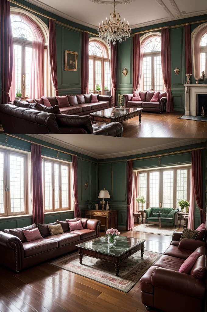 Create a late night scene, a castle room with high ceilings, dark green leather sofas next to the wide and large glass window, coffee table with computer and small vase with pink rose, dark brown curtains, floor pink marble, fireplace on the front wall, books on the sofa, television on the wall, very heavy rain outside, rain hitting the closed window,