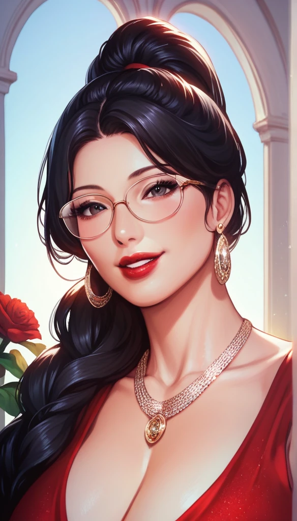 Hot sexy beautiful milf mom  , perfect body, detailed lips rings ,black  hair,black eyes, wearing white sun glasses , detailed , big chandelier earrings , alluring face, smiling, necklace , red lipstick ,hair ponytail ,red flowers brochure,red gown, smooth skin,