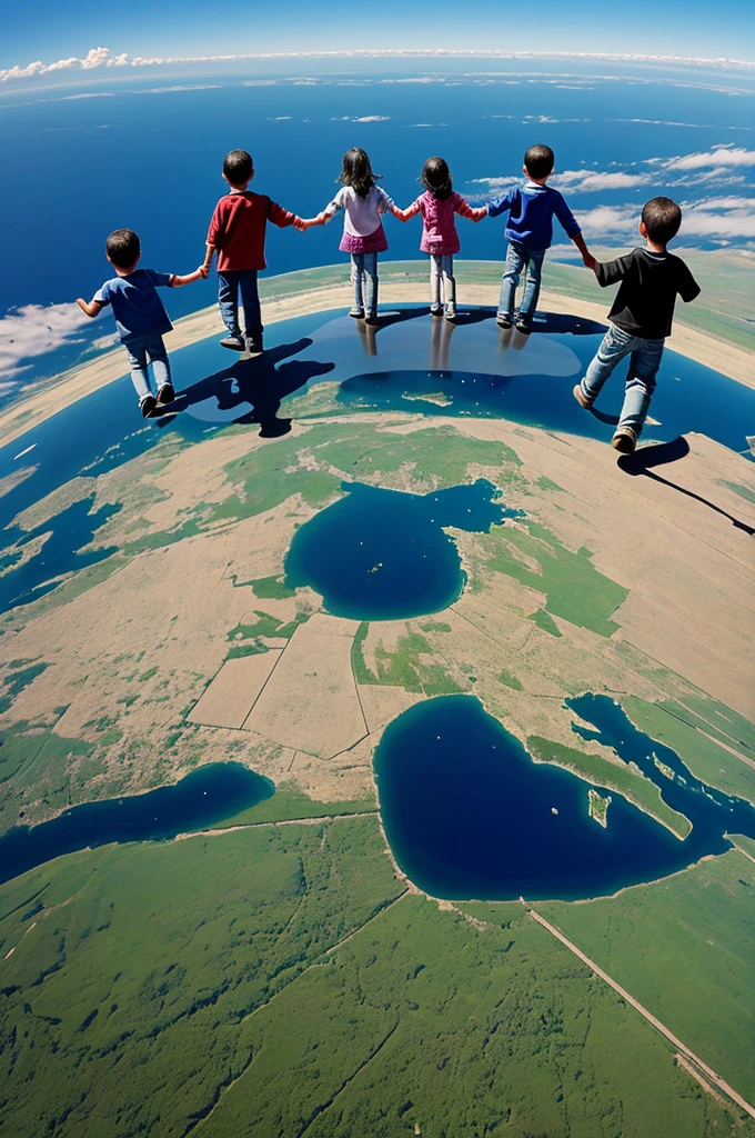 Children from around the world holding hands, on top of the planet Earth and behind them a church. Cartoon styles