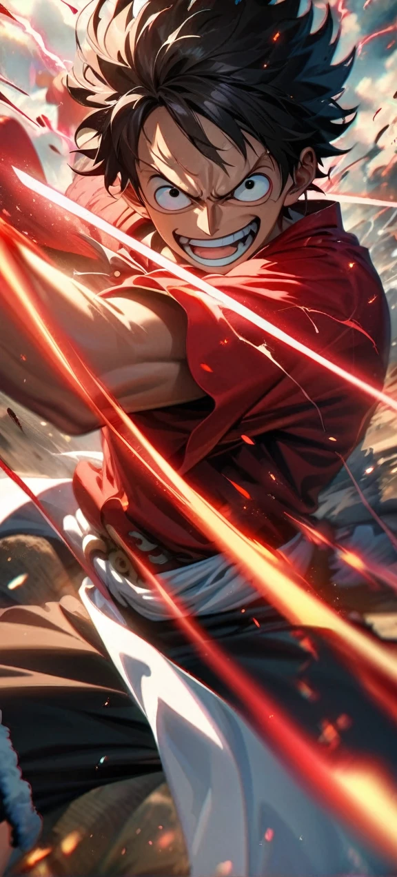  High quality, ,absurdres, highres, ultra detailed, HDR, masterpiece, extremely detailed face and eyes,  Luffy , One Piece,, Black hair ,red shirt, solo, ,man, handsome, ,, Epic fight scene, red splashing effect,red lightning  effect,glowing glitters , full effect, symetrical 