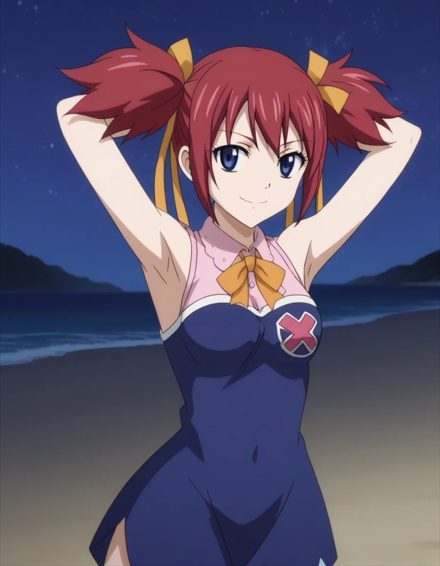 chelia_blendy, source_anime, rating_safe, intricate details, anime screencap, anime coloring, 1girl, solo,  red hair, blue eyes, ribbon, hair ribbon, twintails, short twintails, looking at viewer, solo, contrapposto, spread armpit, arms behind head, smile, looking at viewer, (cowboy shot:1.5), closed mouth, night sky, beach, high quality,