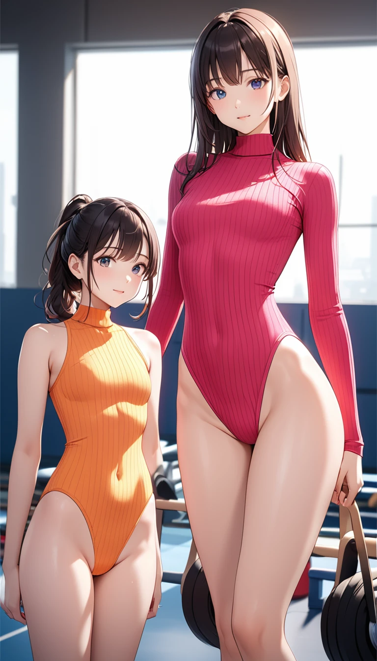 highquality illustration, masterpiece, very delicate and beautiful, attractive girl,(colorful leotard, heattech leotard,tight leotard,long_sleeve leotard,ribbed leotard,high_leg leotard,turtleneck leotard), thin,slender body,slim,gymnastics club,2 girls,gymnastics athlete,bare legs,gymnasium background,beautiful eyes, light smile,(masterpiece, best quality:1.2), highres, extremely detailed CG unity 8k wallpaper, perfect lighting, Colourful, ultra-high res,4K,ultra-detailed, photography, 8K, HDR,  17 ages, 