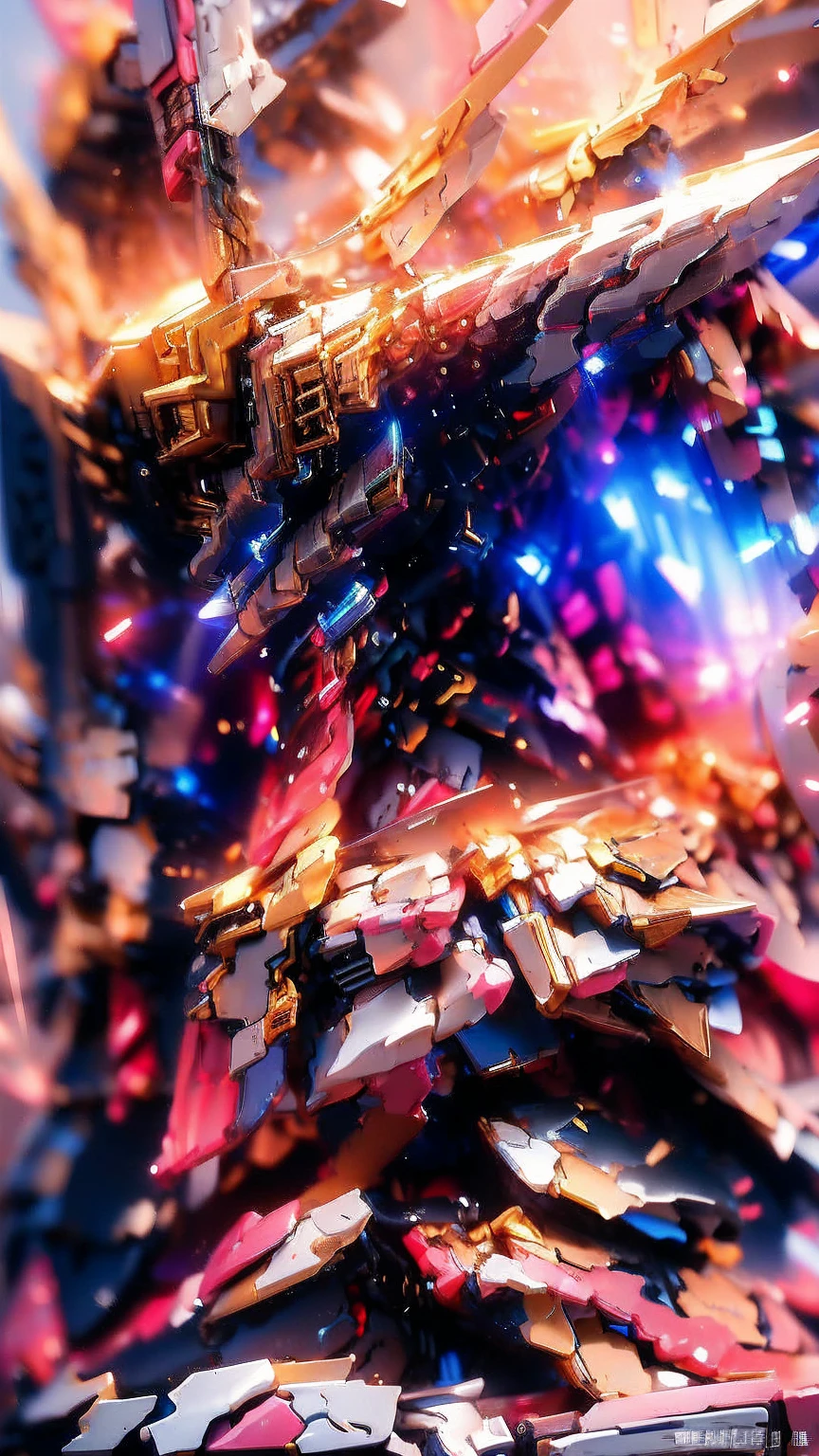 Real、high resolution、8K、The Strike Freedom Gundam stands in space emitting pink light particles.、Particles of light surround the aircraft、Facing the camera、Giant humanoid robot、