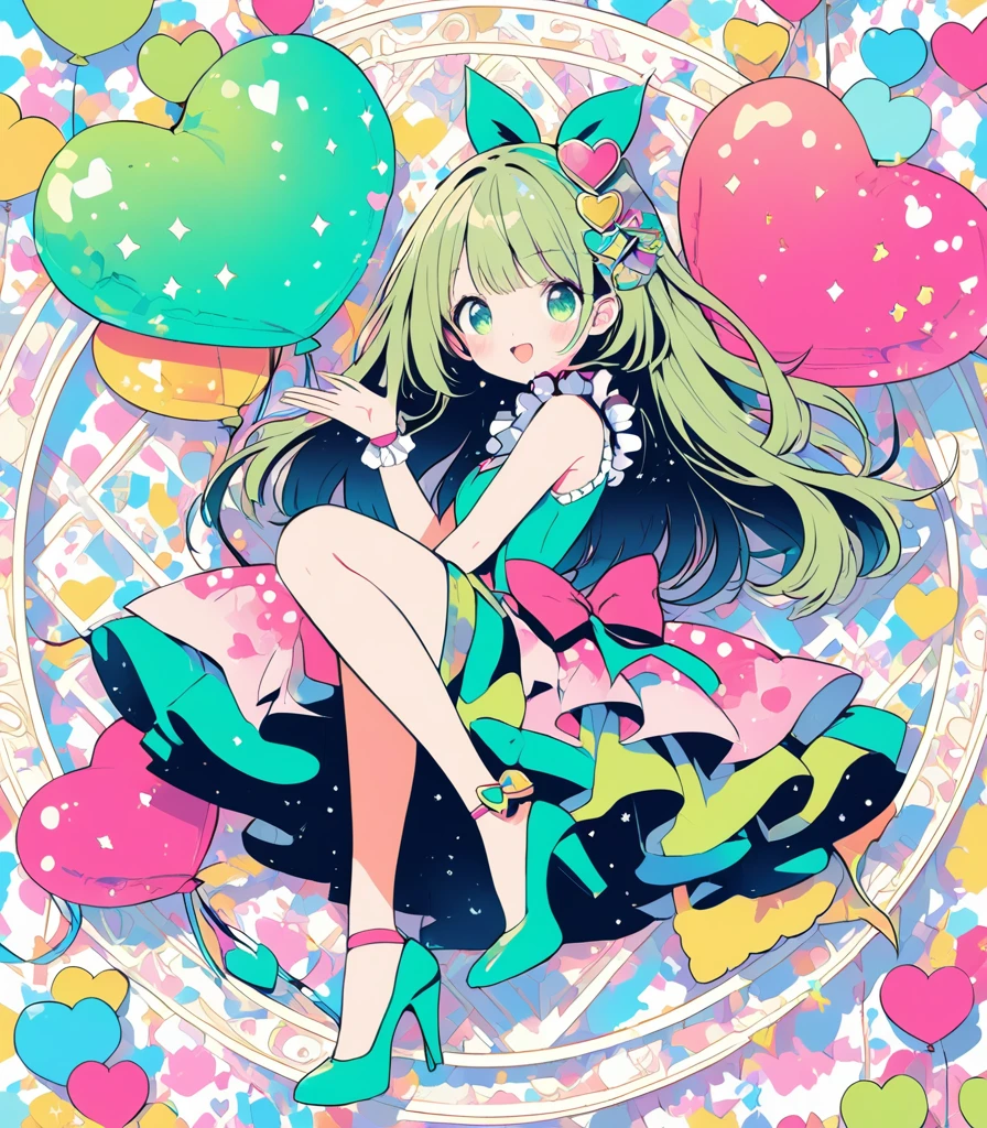 extremely detailed 8K CG, ultra-detailed:1.3, ultra delicate and detailed face:1.3, (absurdres, texture, masterpiece), pixiv contest winner, by Posuka Demizu, from side, BREAK Her body and face are facing directly to the right., full body:1.3, Dynamic manga-style illustration of magical girl looking to the right side and throwing kisses with cutely winking, cute expression, The world is full of pop, kitsch, and cuteness, with a yellow and blue-green color scheme, She wears a heart-patterned balloon skirt and a glass She's wearing stiletto heels. zentangle magic circle background,

