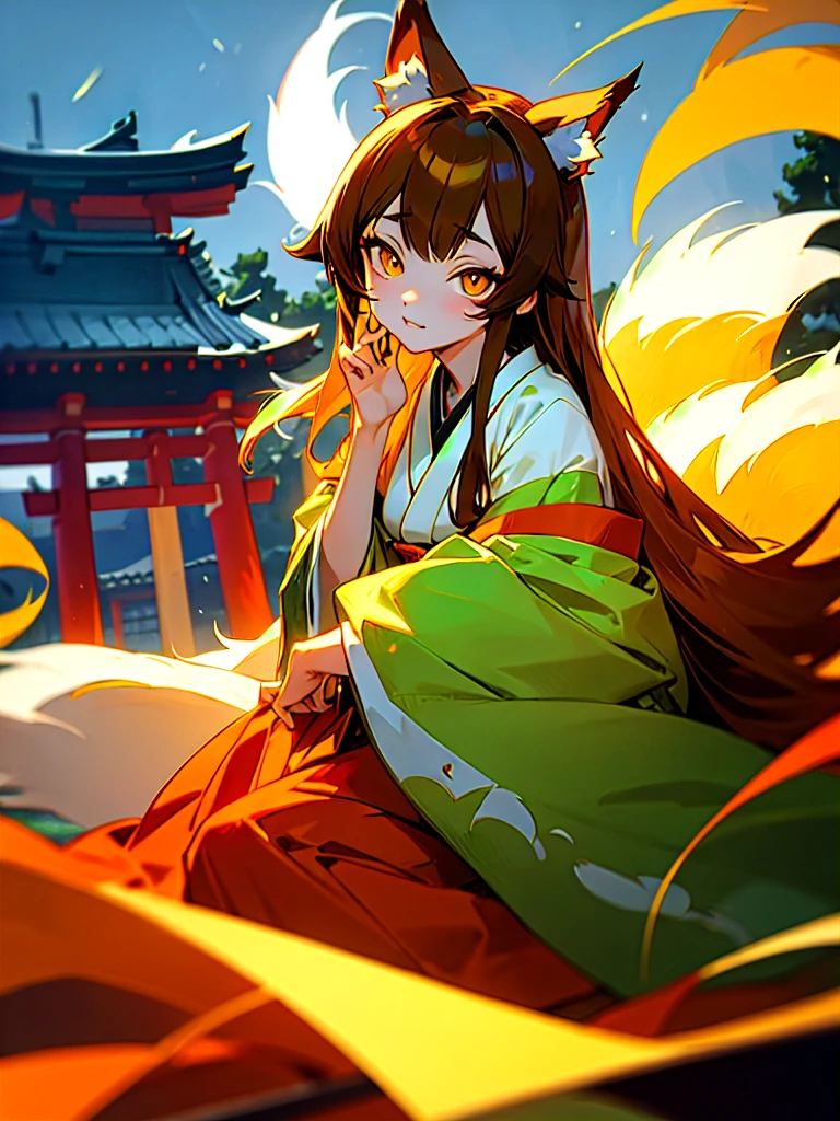Anime girl with green long hair kitsune Mimi wear kimono yukata hakama, kitsune mimi, kemono mimi, kemo mimi, detail eyes (red brown yellow orange fox eye), shining eye, glowing Cristal eye, piercing glowing eye, beautiful eye.sit in japan shrine,red Shrine, shinto shrine. Lake background, Snowy mountain. 4k resolution, masterpiece art, detail hair, detail fingers, 4 fingers, high resolution,