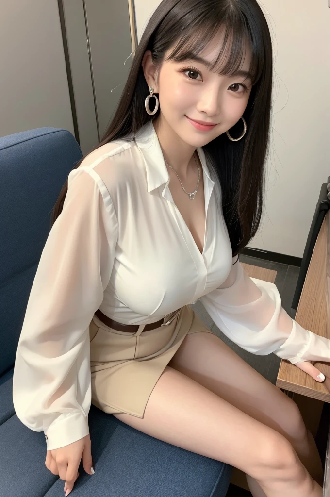 Receptionist at a client company, company receptionist, ((full body)), ((photo)), ((best qualtiy, 8K, tmasterpiece:1.3)), Focus:1.2, perfect figure beautiful girl:1.4, 1girl, cowboy shot, look at viewer, eyes facing the camera, incredibly absurd, beautiful and cute girl with a photorealistic face, showcasing top-quality craftsmanship, A Japanese girl sitting smiling as a receptionist at the reception desk, 19 years old, has long, shiny black hair, straight, with the ends curled slightly inwards, with see-through bangs cut above the eyes, fair and smooth skin, large, round almond-shaped eyes, jet black eyes, long eyelashes, double eyelids, high nose, plump lips, a smile with upturned corners of the mouth, sunken cheeks, a fragile impression, glamorous, well-balanced proportions, tall, 165cm tall, beautiful D-cup breasts, white blouse, beige tight skirt, heeled pumps, pearl necklace and earrings, silver watch, pretty older woman, beautiful, neat, has a cute voice, intelligent, elegant, calm, kind, her hobbies are reading and listening to classical music, February