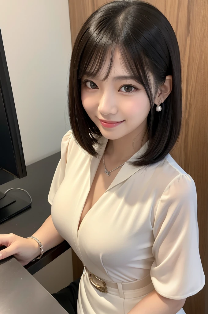 Receptionist at a client company, company receptionist, ((full body)), ((photo)), ((best qualtiy, 8K, tmasterpiece:1.3)), Focus:1.2, perfect figure beautiful girl:1.4, 1girl, cowboy shot, look at viewer, eyes facing the camera, incredibly absurd, beautiful and cute girl with a photorealistic face, showcasing top-quality craftsmanship, A Japanese girl sitting smiling as a receptionist at the reception desk, 19 years old, has long, shiny black hair, straight, with the ends curled slightly inwards, with see-through bangs cut above the eyes, fair and smooth skin, large, round almond-shaped eyes, jet black eyes, long eyelashes, double eyelids, high nose, plump lips, a smile with upturned corners of the mouth, sunken cheeks, a fragile impression, glamorous, well-balanced proportions, tall, 165cm tall, beautiful D-cup breasts, white blouse, beige tight skirt, heeled pumps, pearl necklace and earrings, silver watch, pretty older woman, beautiful, neat, has a cute voice, intelligent, elegant, calm, kind, her hobbies are reading and listening to classical music, February