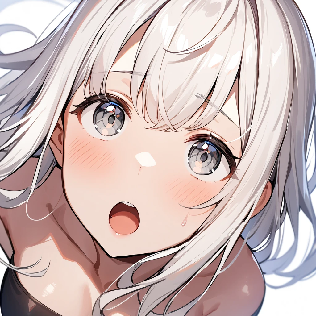 1girl,looking up,pov,From above,long hair,White hair,grey eyes,shiny hair,breasts,masterpiece, best quality, very aesthetic, absurdres,upper body,front view,face focus,open mouth