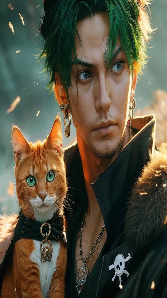 a man with green hair and piercings carrying an orange cat wearing a black hat, roronoa zoro, cool anime 8k, high render portrait 8k, high realistic anime, cg game, trending on artstation.', inspired by Yoshihiko Wada, very detailed and beautiful fanart, fierce expression 4k, very detailed 8k, cgi anime, trending on artstationhq