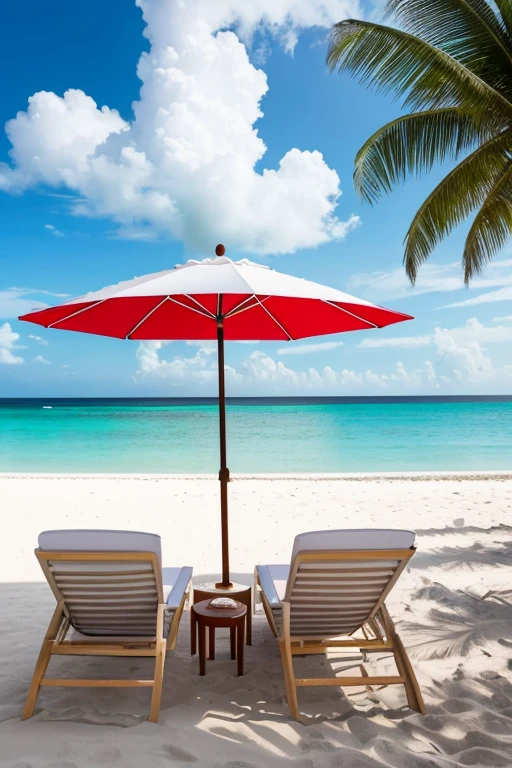 High quality, masterpiece, high resolution, relaxing atmosphere, sandy beach, resort, white sand beach, realistic photo, realistic light, reclining chair, emerald green sea, calm ocean waves, horizon, huge cumulonimbus clouds on the horizon, red and white beach umbrella, perfect umbrella, perfect chair, perfect composition