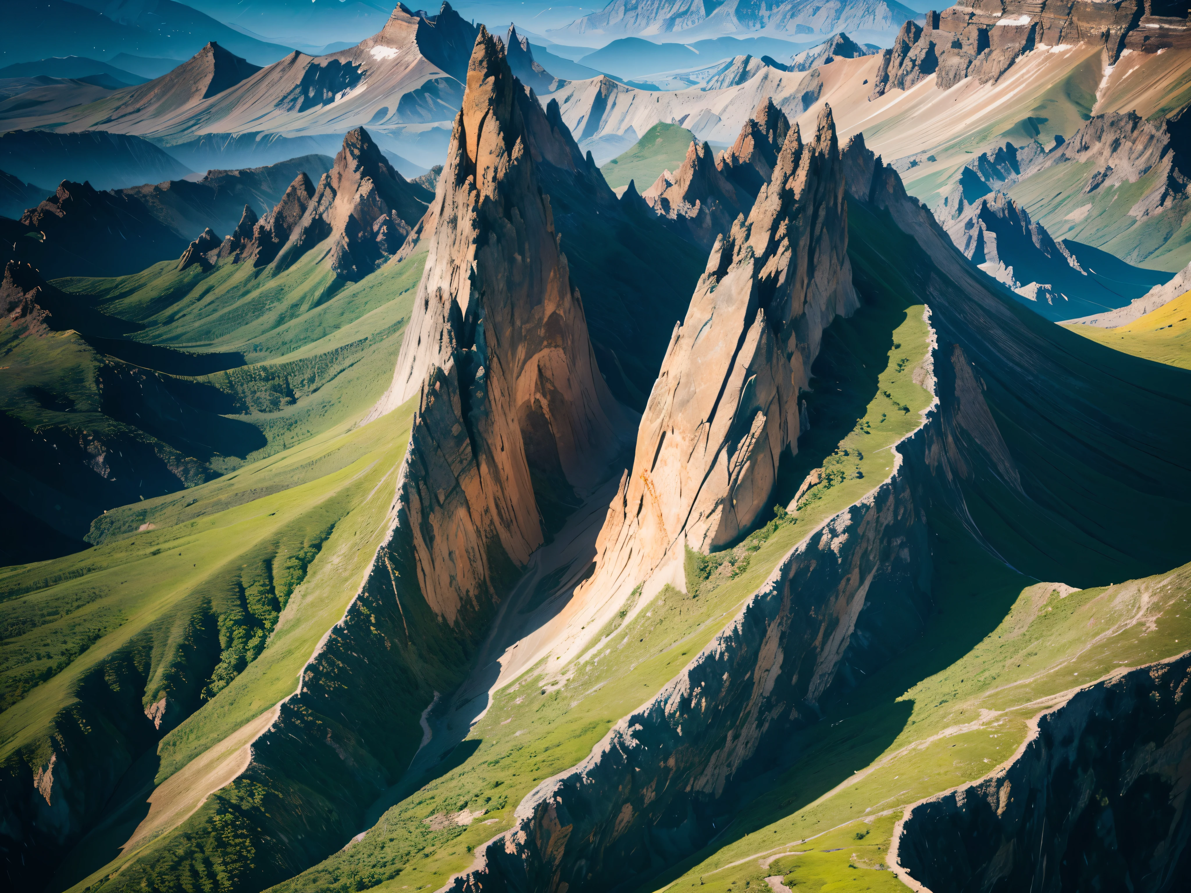 Intricately layered strata, jagged peaks, and shimmering mineral patterns compose the geological surfaces captured in this mesmerizing image. The rugged surfaces show a rich tapestry of colors and textures, ranging from earthy browns to striking blues and greens. This photograph expertly captures the natural beauty of rock formations and mountains, highlighting the intricate details and vibrant hues present in the scene. Every detail is sharp and clear, immersing viewers in the breathtaking landscapes of the earth's geological wonders.