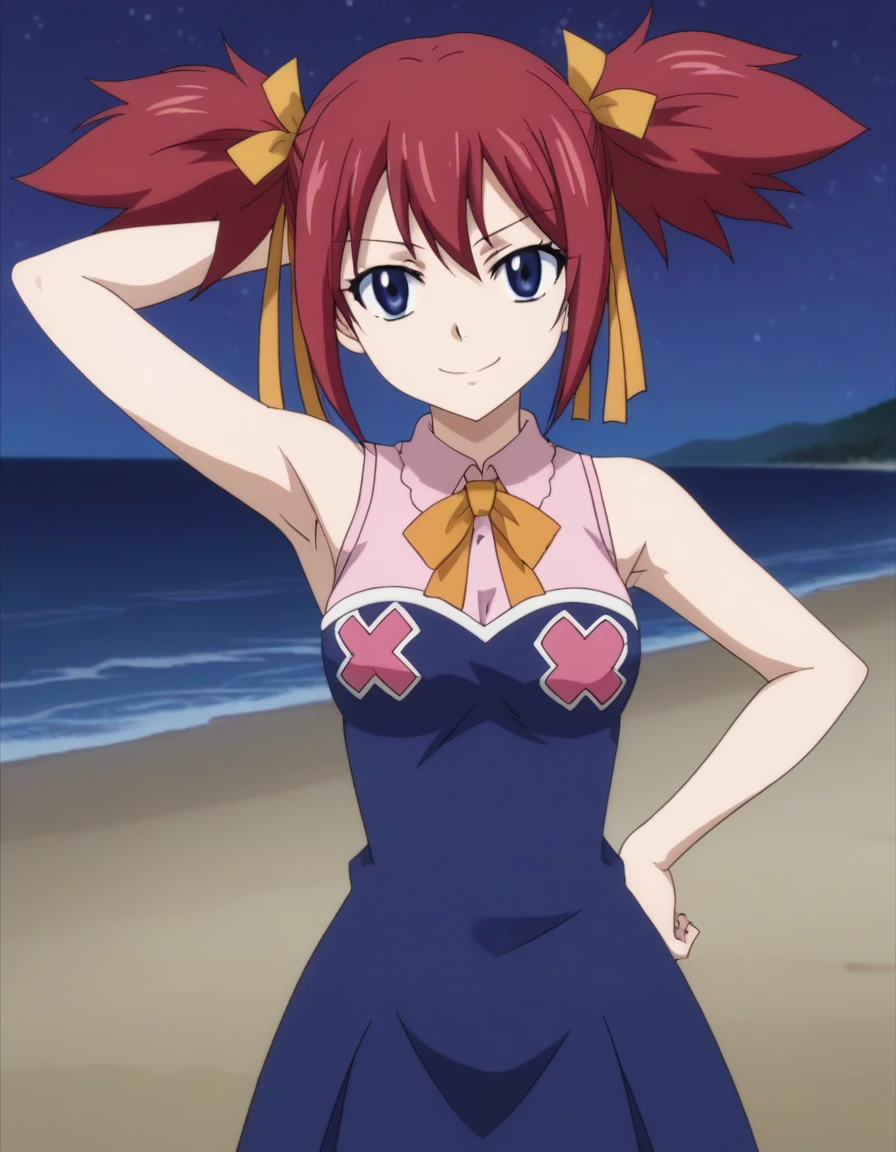 chelia_blendy, source_anime, rating_safe, intricate details, anime screencap, anime coloring, 1girl, solo, red hair, blue eyes, ribbon, hair ribbon, twintails, short twintails, looking at viewer, solo, contrapposto, spread armpit, arm behind head, hand on hip, smile, looking at viewer, (cowboy shot:1.5), closed mouth, night sky, beach, high quality,